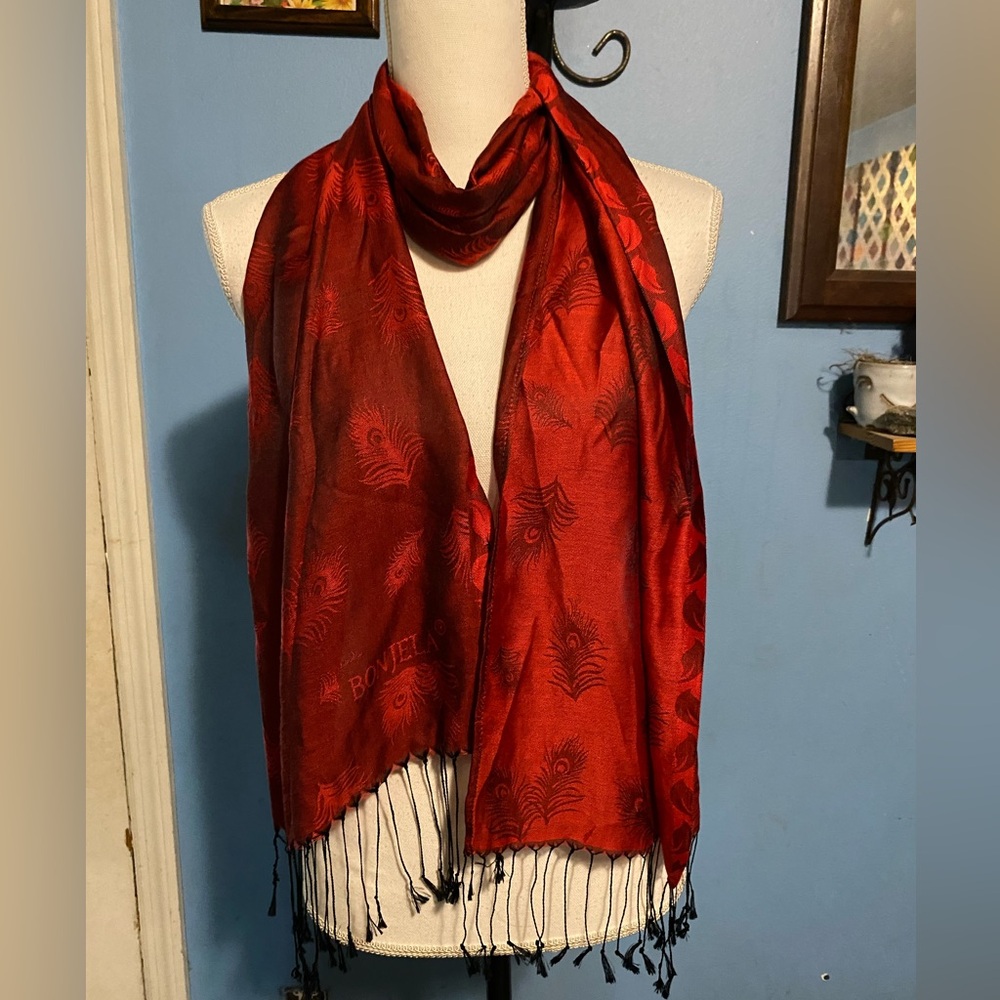 Bonjela, Red, Peacock Feather, Fashion Scarf